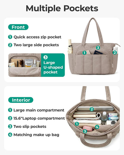 Tote Bag for Women, 2 Set Tote Bag with Zipper, Quilted Nurse Handbags for Work Travel College | 20L Capacity