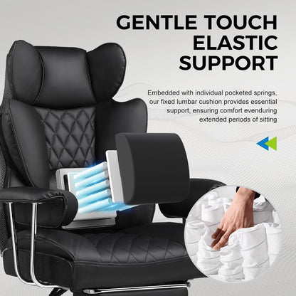 Gaming Chair,Office Chair with Pocket Spring Lumbar Support, Ergonomic Comfortable Wide Office Desk Computer Chair with Outward Fixed Soft Armrests and Footrest (PU Leather, Black)