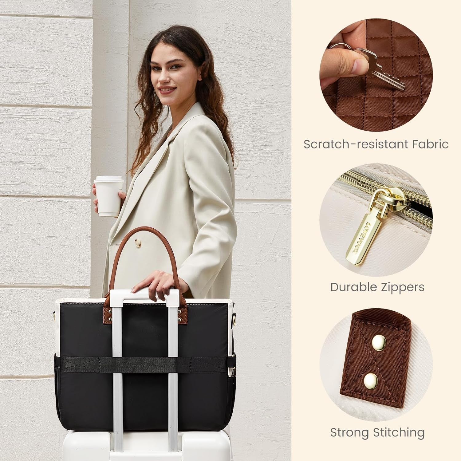 Teacher Tote Bag for Women Work, Laptop Bag with Large Cup Holder, Nurse Bags Professional Briefcase Business Computer Purses Bible Handbag Gifts, Black-Beige-Brown, 15.6 Inch