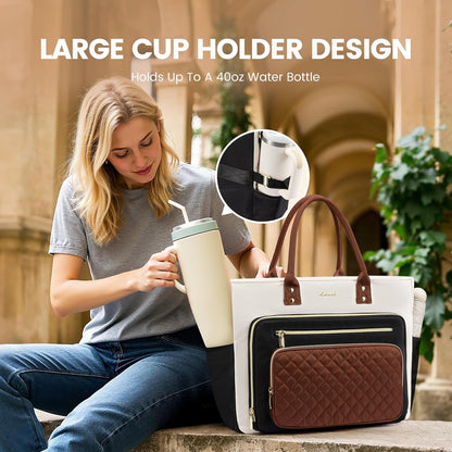 Teacher Tote Bag for Women Work, Laptop Bag with Large Cup Holder, Nurse Bags Professional Briefcase Business Computer Purses Bible Handbag Gifts, Black-Beige-Brown, 15.6 Inch