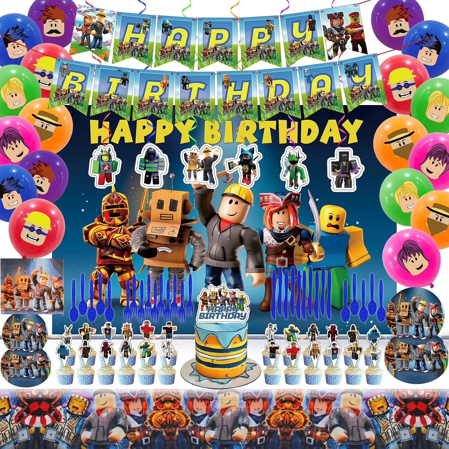 Birthday Party Decorations - Theme Children'S Party Supplies Included Happy Birthday Banner, Backdrop, Hanging Swirls, Tablecloth, Cupcake Cake Toppers, Plates, Tableware, Napkins, Balloons
