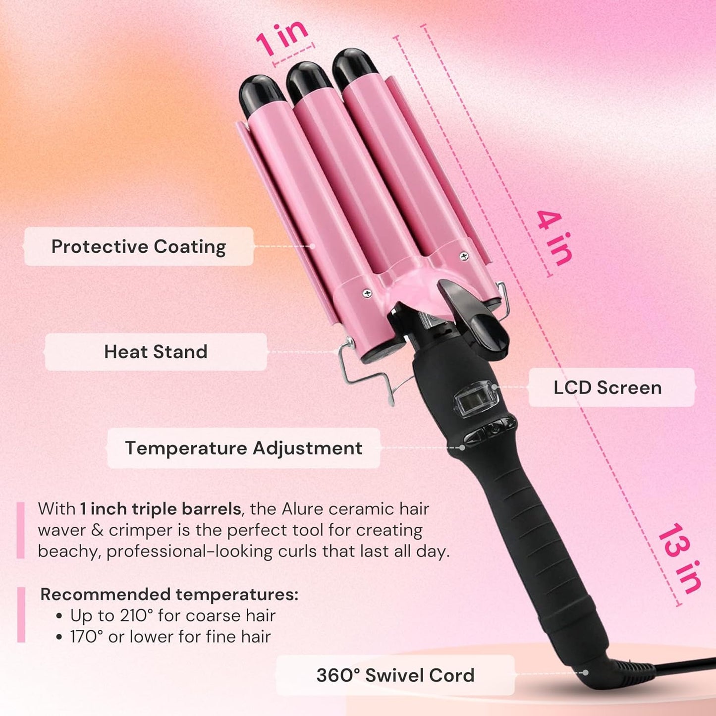 Three Barrel Curling Iron Wand Hair Waver with LCD Temperature Display - 1 Inch Ceramic Tourmaline Triple Barrels, Dual Voltage Crimp