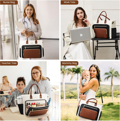 Teacher Tote Bag for Women Work, Laptop Bag with Large Cup Holder, Nurse Bags Professional Briefcase Business Computer Purses Bible Handbag Gifts, Black-Beige-Brown, 15.6 Inch