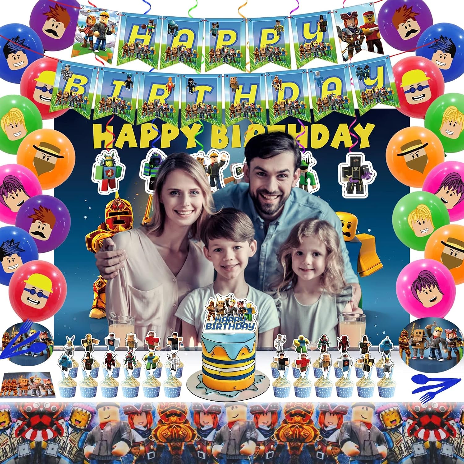 Birthday Party Decorations - Theme Children'S Party Supplies Included Happy Birthday Banner, Backdrop, Hanging Swirls, Tablecloth, Cupcake Cake Toppers, Plates, Tableware, Napkins, Balloons