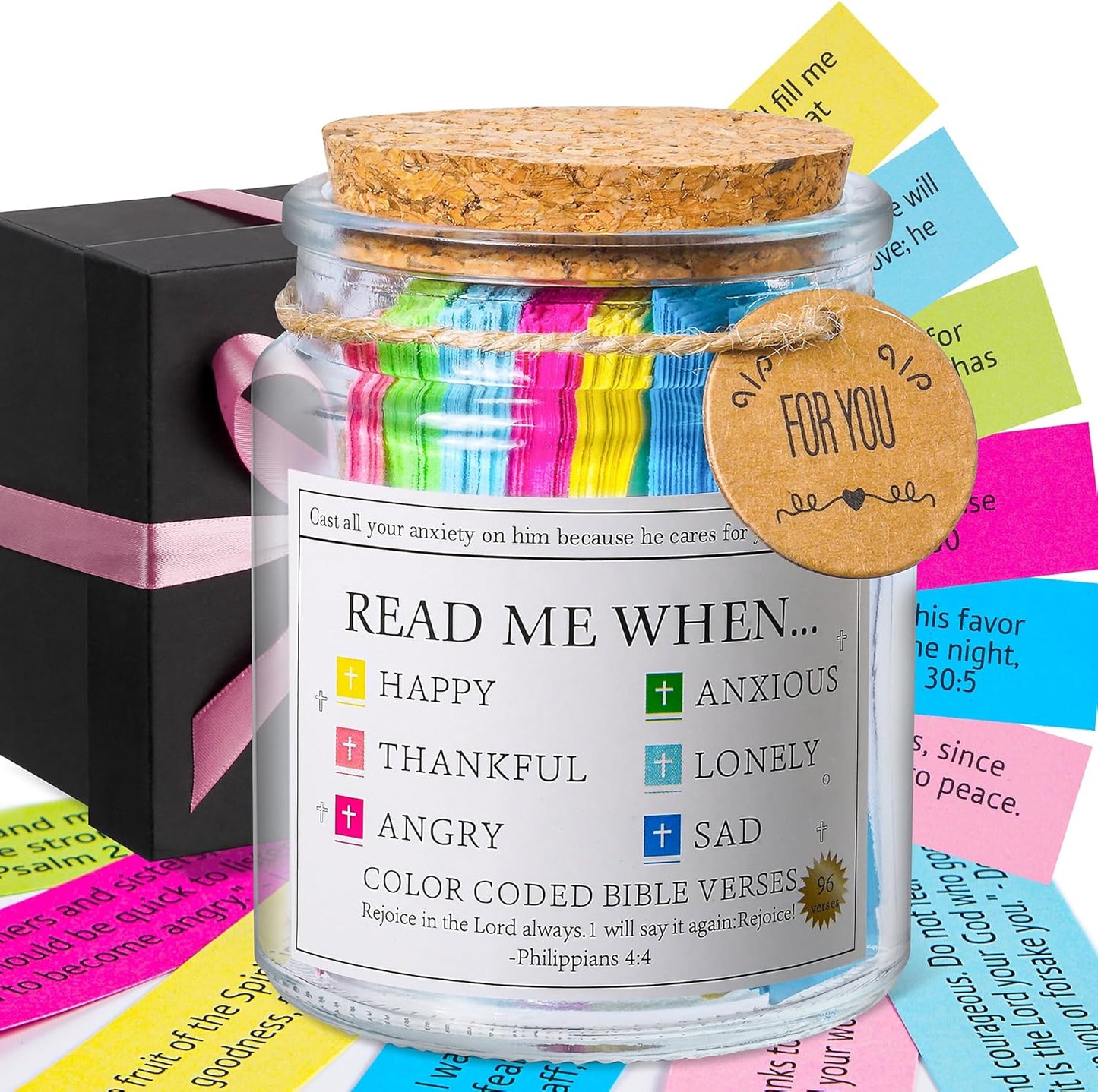 Bible Verse Jar, Read Me When Bible Verses Jar for Daily Encouragement - Christian Gifts for Women, Mothers Day Gift for Mom, Birthday Gifts, Graduation Gift, Prayer Cards with a 48-Inch Ribbon Bow