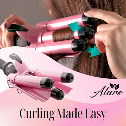 Three Barrel Curling Iron Wand Hair Waver with LCD Temperature Display - 1 Inch Ceramic Tourmaline Triple Barrels, Dual Voltage Crimp