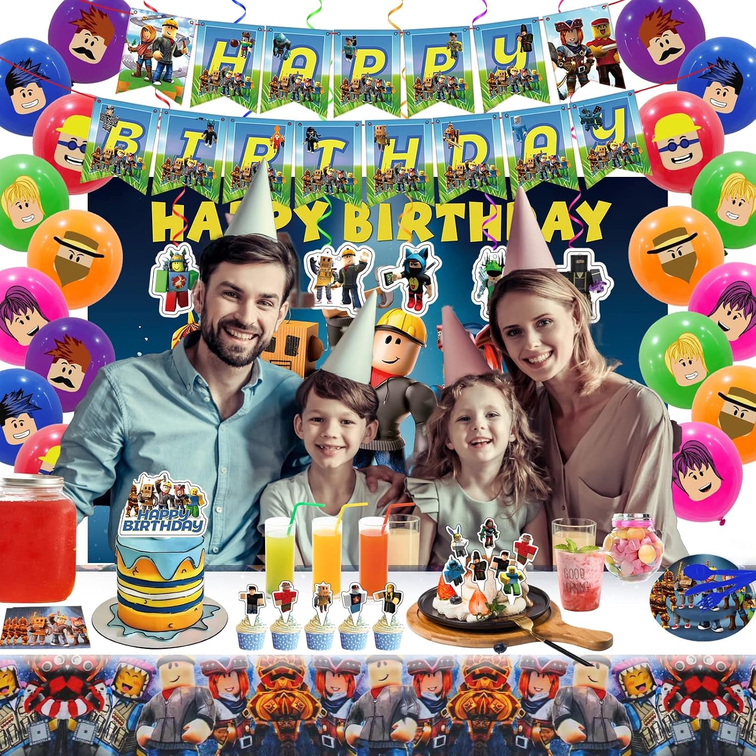 Birthday Party Decorations - Theme Children'S Party Supplies Included Happy Birthday Banner, Backdrop, Hanging Swirls, Tablecloth, Cupcake Cake Toppers, Plates, Tableware, Napkins, Balloons