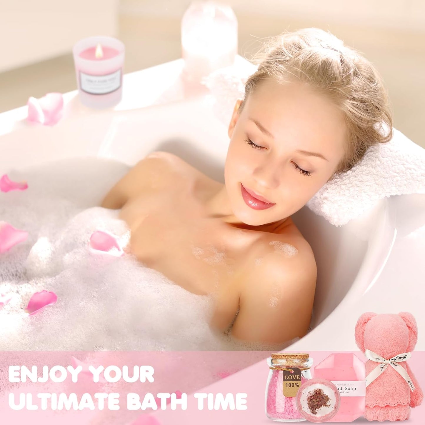 Birthday and Get Well Gifts for Women - Relaxing Spa Care Package with Luxury Flannel Blanket, Light-Up Rose Flower - Unique Self Care Gift Basket for Mom, Wife, Friends