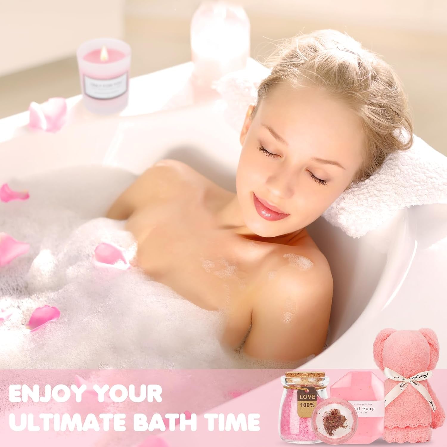 Birthday and Get Well Gifts for Women - Relaxing Spa Care Package with Luxury Flannel Blanket, Light-Up Rose Flower - Unique Self Care Gift Basket for Mom, Wife, Friends