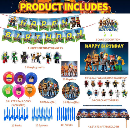 Birthday Party Decorations - Theme Children'S Party Supplies Included Happy Birthday Banner, Backdrop, Hanging Swirls, Tablecloth, Cupcake Cake Toppers, Plates, Tableware, Napkins, Balloons