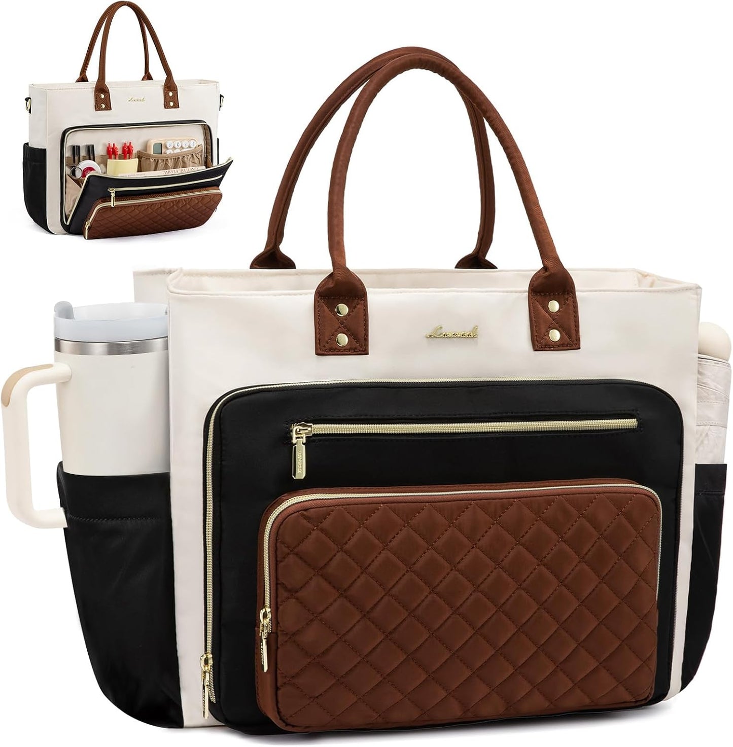 Teacher Tote Bag for Women Work, Laptop Bag with Large Cup Holder, Nurse Bags Professional Briefcase Business Computer Purses Bible Handbag Gifts, Black-Beige-Brown, 15.6 Inch