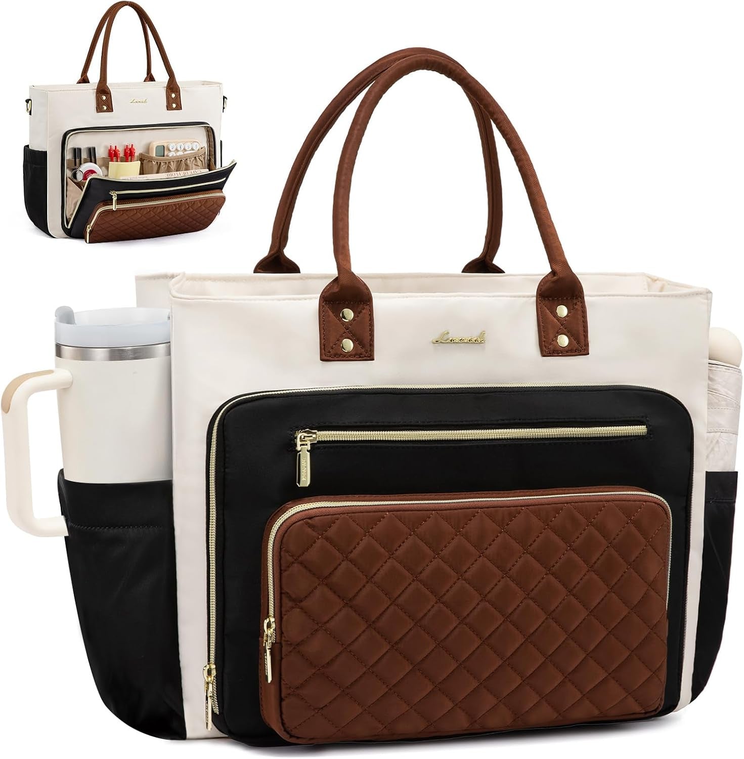 Teacher Tote Bag for Women Work, Laptop Bag with Large Cup Holder, Nurse Bags Professional Briefcase Business Computer Purses Bible Handbag Gifts, Black-Beige-Brown, 15.6 Inch