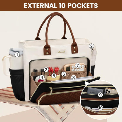 Teacher Tote Bag for Women Work, Laptop Bag with Large Cup Holder, Nurse Bags Professional Briefcase Business Computer Purses Bible Handbag Gifts, Black-Beige-Brown, 15.6 Inch